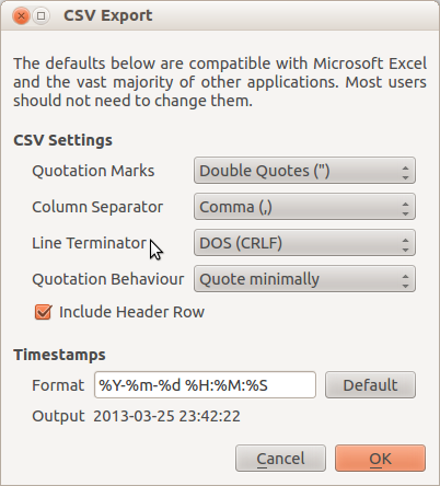 Screenshot of the options dialog for CSV export