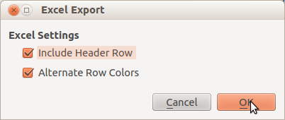Screenshot of the minimal options dialog for Excel export